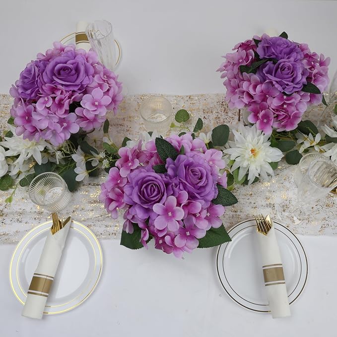 Flower Table Centerpieces - Set of 6 Floral Arrangement Artificial Wedding Hydrangeas Floral Arrangement with Rustic Metal Vase for Bridal Tea Party Event Decorations - Purple