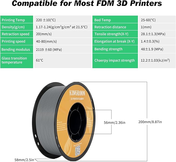Kingroon PLA Filament 1.75mm 3D Printer Filament Grey Pla Filament 1kg Filament Dimensional Accuracy +/- 0.02mm, Fit Most FDM Printer,Grey-Sliver