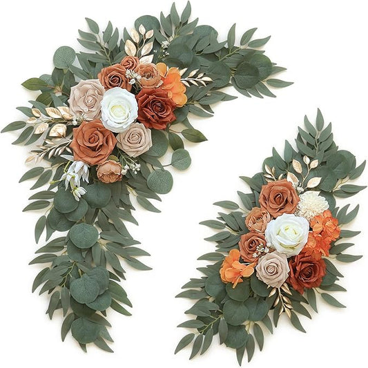 Artificial Flower Swag Set of 2 for Wedding Welcome Signs Floral Decorations, Burnt Orange Wedding Arch Flowers for Wedding Ceremony