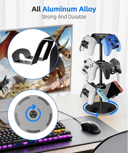 Aluminum Alloy Controller Holder 3 Layers,360 Degree Rotation Tier,Gaming Controller Stand for Xbox PS5 PS4 Switch,Headphone Stand,Headset Holder & Desk Mounts for 9 Packs Controller
