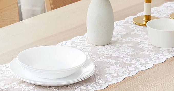 LinenZone White Table Runner with 2 Tassels for Rustic Vintage Decor. Lace Table Runner Works Great As Wedding, Thanksgiving, Christmas Decor. (Mia 14 x 72, White)