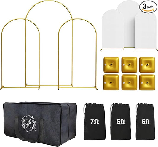 Metal Arch Backdrop Stand and Cover Set – 3 Gold Frames (7.2ft, 6ft x2) with White Wrinkle-Free Spandex Covers, Water Weights, Bags & Case – Wedding, Birthday, Baby Shower, Party Decor