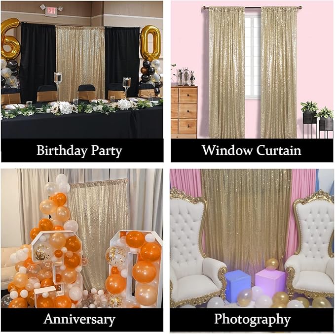 Champagne Sequin Photography Backdrop Curtains 2FTx8FT 2 Panels Sparkly Background Drapes for Party Birthday