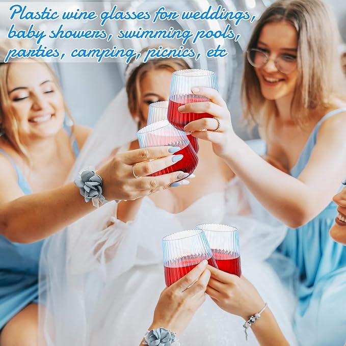 Suclain Plastic Wine Glasses Ribbed Stemless Wine Glasses 14oz Vertical Design Unbreakable Cups for Outdoor Indoor Vintage Elegant Champagne Whiskey Cups for Party Wedding(Blue,100 Pcs)
