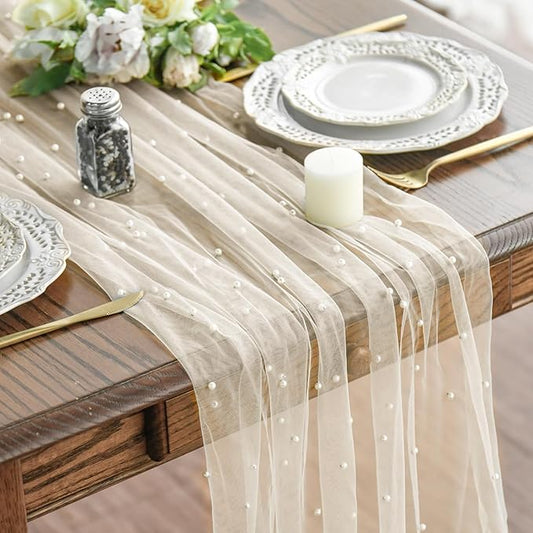 Artoid Mode Pearl Beige Gauze Table Runner 59x120 Inch , Seasonal Sheer Kitchen Dining Holiday Wedding Birthday Baby Shower Table Decor for Home Party