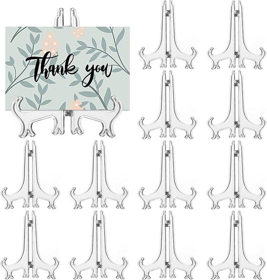 12 Pack 4 Inch Clear Plastic Easels or Stand/Plate Holders to Display Pictures or Other Items at Weddings, Plate Stands for Home Decoration, Birthdays, Tables