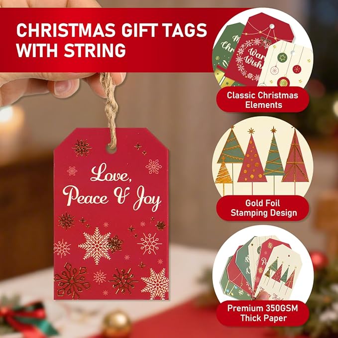 Christmas Gift Tags with String, 48 Pcs Christmas Hanging Tags Label Gold Foil Xmas Present Tag for DIY Xmas Holiday Present Wrapping Decorations, 6 Styles