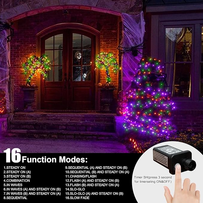 LAMPHOME 66ft Halloween Decorative Mini Lights, 200 LED Transparent Wire Fairy Starry String Lights Plug in, 16 Lighting Modes for Halloween Outdoor Party Decoration (Orange/Purple/Green)