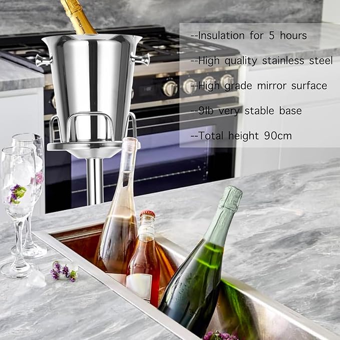 Ice Bucket with Stand Standing Champagne bucket for Party Stainless Steel Wine Bucket Wine Cooler with Stand 5L Wine Chiller for Bar Ktv Weding (silver)