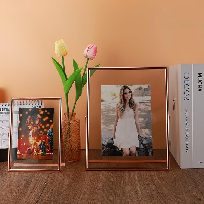 Rose Gold Floating Frame, 8"x10", Vertical, For Picture 7x9, 6x8, 5x7, Tabletop Shelf Photo Frame For Lady or Girl, Classy Gift For Anniversary, Wedding, or Birthday