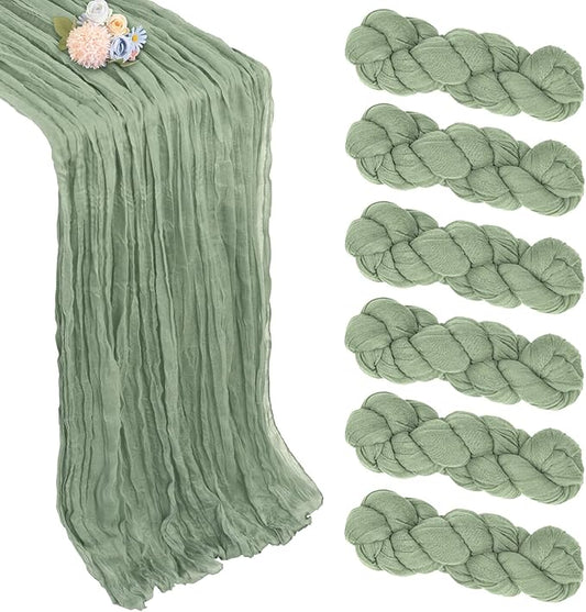 6 Pack Sage Green Table Runner 10ft Boho Gauze Fabric Cheesecloth Table Runner 35 x 120 Inch Rustic Sheer Runner for Wedding Centerpiece Decor Baby Shower Party Table Decorations