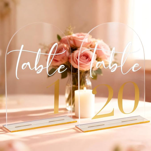 Wedding Table Numbers 1-20 with Stands, 5” x 7” Elegant Acrylic Display Signs with Golden Text, Great Table Numbers for Wedding Reception, Decoration, Centerpiece, Party, Anniversary and Event