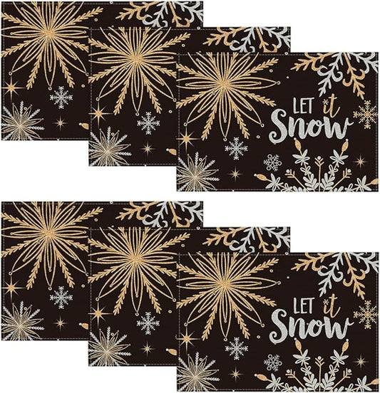 Artoid Mode Black Snowflake Let It Snow Winter Placemats Set of 6, 12x18 Inch Seasonal Christmas Table Mats for Party Kitchen Dining Decoration
