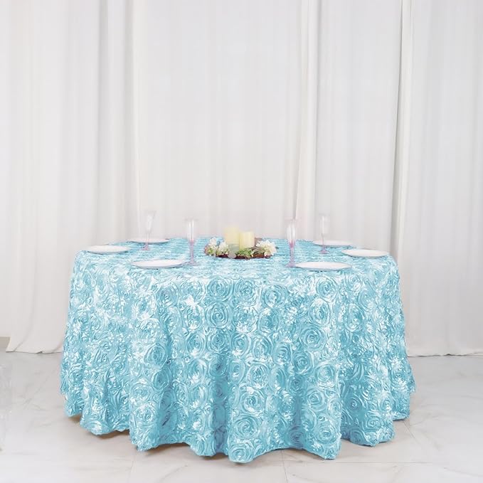 Efavormart 120" Wholesale Round Table Cover Light Blue Grandiose Rosette 3D Satin Tablecloth for Wedding Party Event Decoration