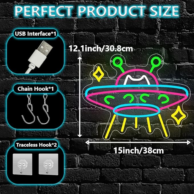 UFO Neon Sign,Cat Dimmable LED Light Signs for Wall Art Decor,Space Backdrop for Game Room Bedroom Club Party Man Cave,Gift for Boys Teen Men USB Powered（15"*12.1"）