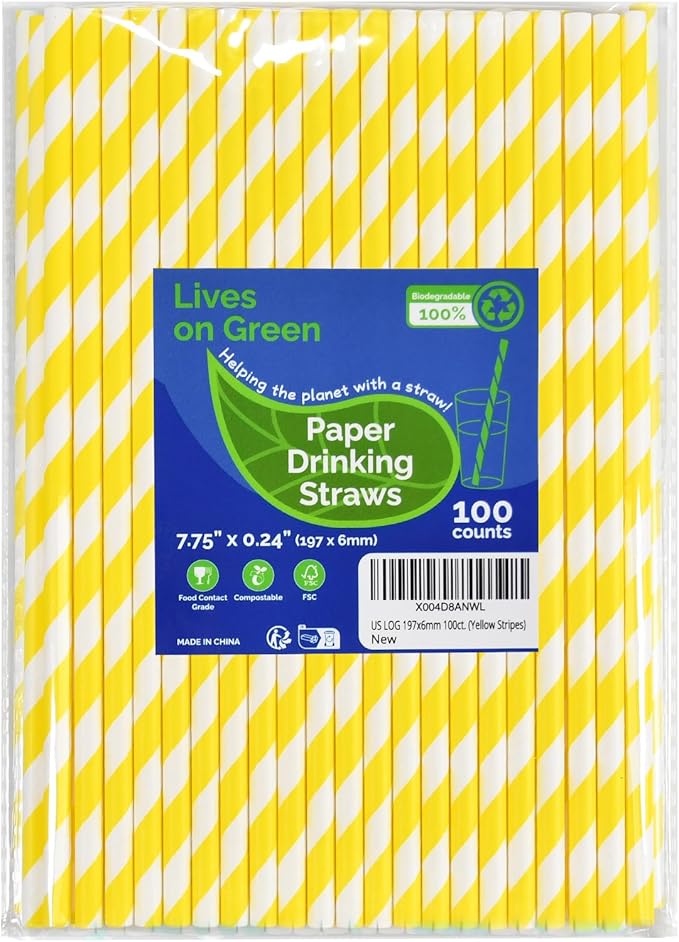 Eco-friendly Yellow White Striped Disposable Paper Drinking Straws 7.75'' x 0.24'' 100 Counts - for Cocktail, Party, Juice, Water, Milk