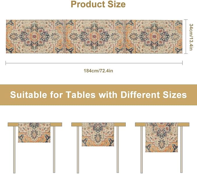 Bohemia Orange Table Runner, Rustic Farmhouse Vintage Geometric Floral Print Table Cover for Home Kitchen Dining Table Party Decor, 13x120inch