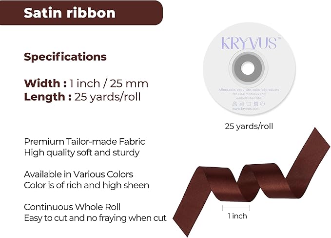 Coffee Brown Satin Ribbon 1 inch X Continuous 25 Yards, Single Face Polyester Ribbon Perfect for Gift Wrapping, Flower Bouquet, Wedding Decor, Crafts, Bow Making, Sewing and More