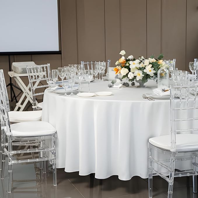 12 Pack White Round Tablecloth 90 Inch White Table Cloth Stain and Wrinkle Resistant Round White Tablecloths Reusable and Washable Polyester Fabric Table Covers for Buffet Wedding Party and Banquet