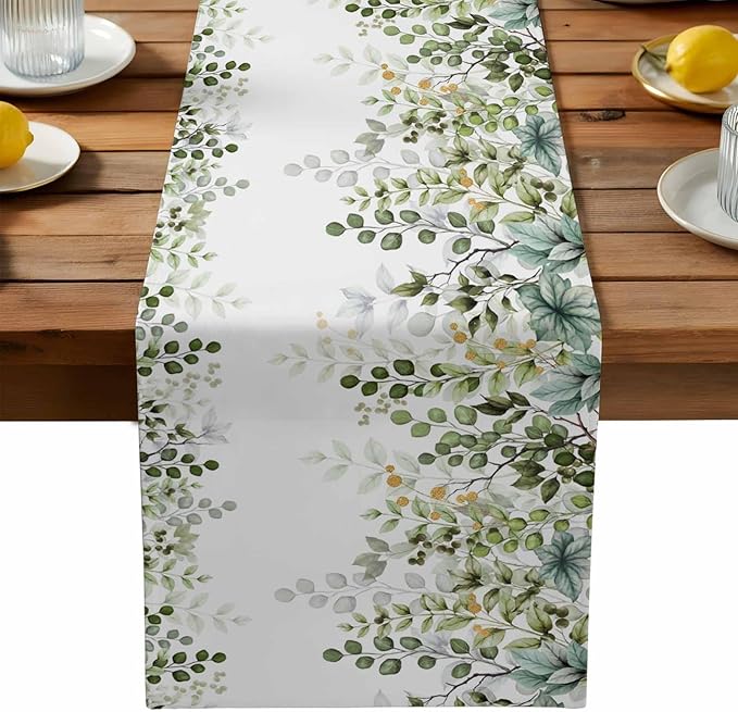 Sage Green Eucalyptus Cotton Linen Table Runner for Dining Kitchen, Farmhouse Leaves Wedding Outdoor Party Tablerunners Decoration Botanical Floral Dresser Scarf Coffee Tablecloth Runners 13x72 Inches