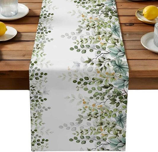 Sage Green Eucalyptus Cotton Linen Table Runner for Dining Kitchen, Farmhouse Leaves Wedding Outdoor Party Tablerunners Decoration Botanical Floral Dresser Scarf Coffee Tablecloth Runners 13x48 Inches