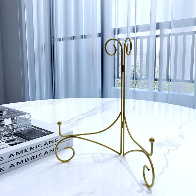 Plate Display Stands with Hinged Folding Design, 8 Inch Picture Frame Stand for Tables, Decorative Easels for Plates, Photos, Cards and Books, 8’’ Gold