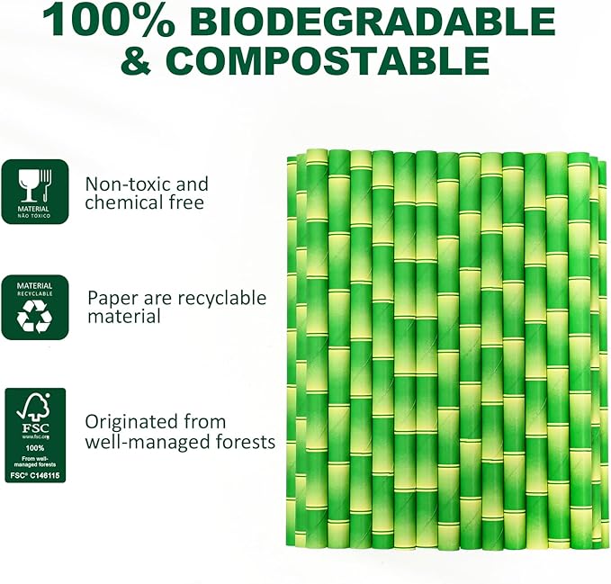 5.75" x 0.31" Green Bamboo Disposable Paper Drinking Straws for Short Drinks, Blended Cocktails, Margaritas, Smoothies, Milkshakes - Unwrapped [250 Counts]