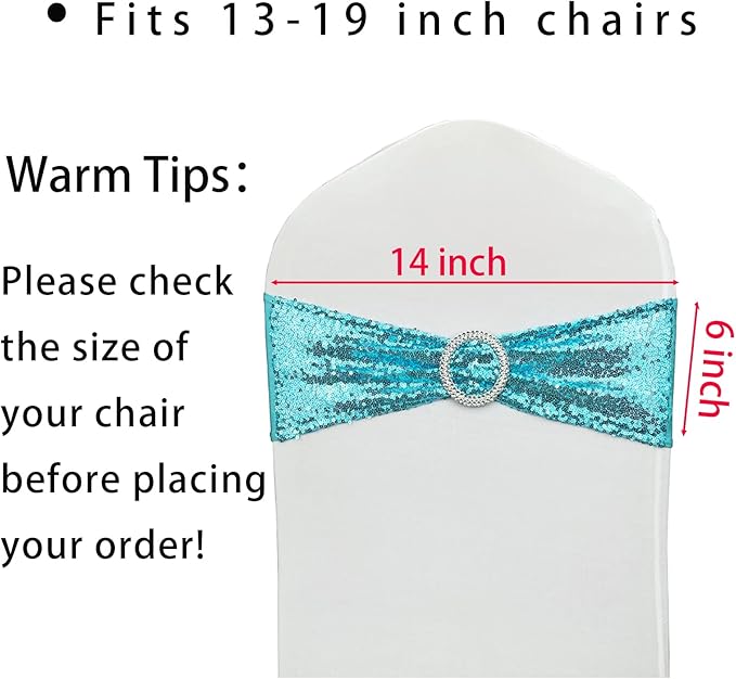 50 Pcs Sequin Chair Sashes Stretch Chair Bands Spandex Polyester Bows for Party Hotel Wedding Banquets Decoration - Aqua