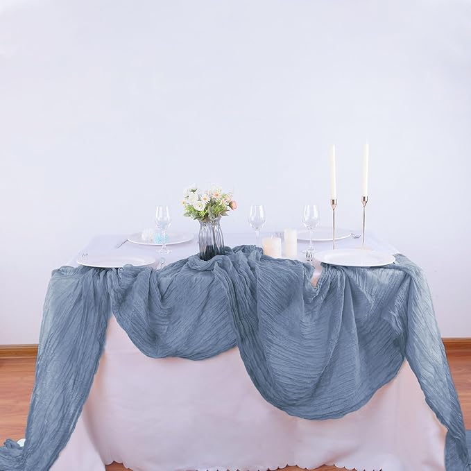 16PCS Dusty Blue Cheesecloth Table Runner 10FT Table Runner Cheesecloth 35x120Inch Boho Gauze Cheese Cloth Table Runner Long Rustic Sheer Table Runners for Wedding Party Baby Bridal Shower Table Decor