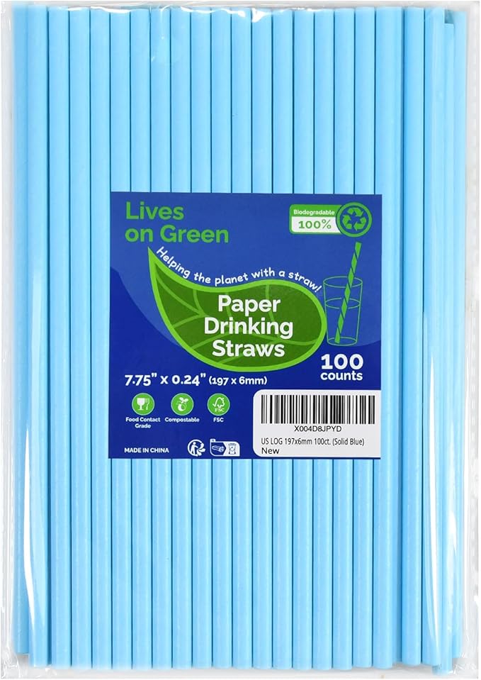 7.75'' x 0.24'' Disposable Solid Blue Unwrapped Paper Straws for Drinking 100 Counts - for Cocktail, Beverage, Cake Pops