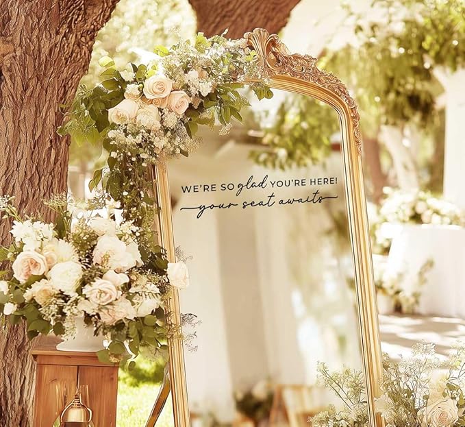 Wedding Sign Decal, Seating Chart Decal, Welcome Vinyl Wedding Mirror Decor, We're So Glad You're Here Seating Chart, Your Seat Awaits (Black, Width 20 inch)