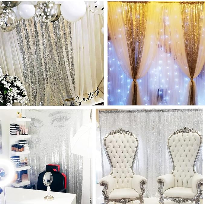 Poise3EHome 2Pcs 3Ft x 8Ft Silver Sequin Backdrop Curtain, Glitter Photography Background, Sequence Xmas Thanksgiving Backdrop for Wedding Party Holiday Festival Decor