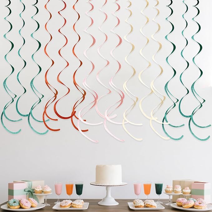 36 Pcs Boho Hanging Swirl Decorations Aqua Green Orange Pink Beige Felt Swirl Streamer Spiral Ceiling Garland for Birthday Engagement Baby Shower Wedding Bridal Shower Party Supplies Nursery Decor