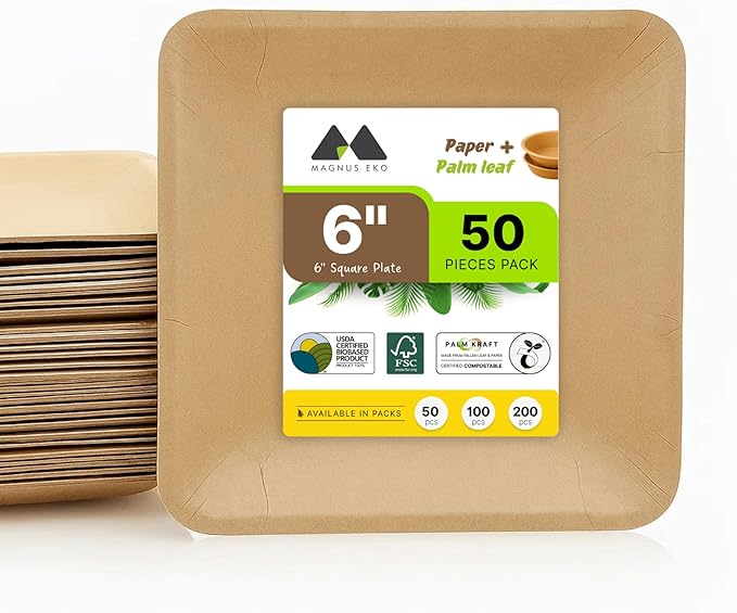 magnus EKO Kraftware | 6 Inch Square Plates 50 Pcs | Disposable Plates | Like Bamboo Plates For Appetizer & Desert | Eco Friendly, Compostable & Biodegradable plates for Catering, Weddings, Parties