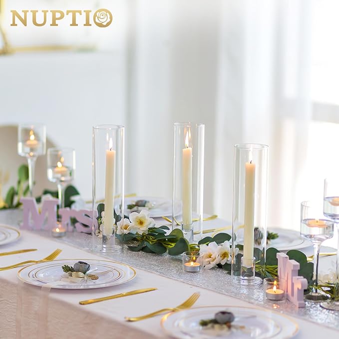 NUPTIO Candle Stick Candle Holder: Clear Glass Hurricane Candlestick Holders - Set of 6 Modern Taper Candle Stand with 11.8 inch Long Chimney Cover for Thanksgiving Christmas Fireplace Table Decor