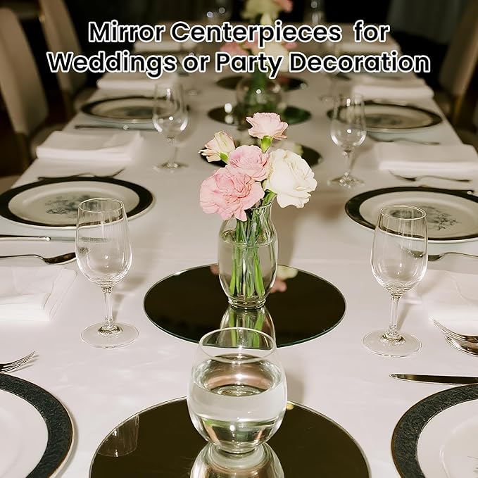Round Mirror Centerpieces, Set of 12 Pcs 12" Round Glass Mirror Centerpieces for Tables, with Anti Slip Pads, Glass Trays for Wedding Decorations, Parties, Baby Shower Party