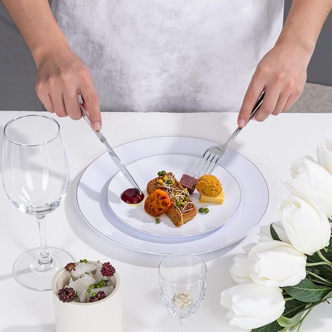 KIRE 200PCS Silver Plastic Plates - White Plastic Plates with Silver Rim Include 100 Dinner Plate and 100 for Dessert/Salad Plate for Birthday/Wedding/Party for Christmas