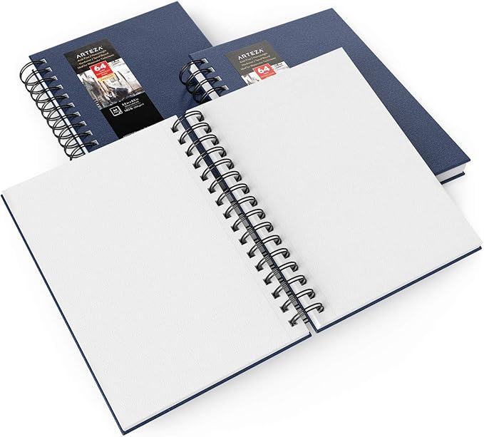 ARTEZA Watercolor Sketchbook Set,3-Pack,64 Pages per Book,5.5 x 8.5 Inches,Blue Hardcover Spiral Notebooks,140-Pound Premium Watercolor Paper for Artists