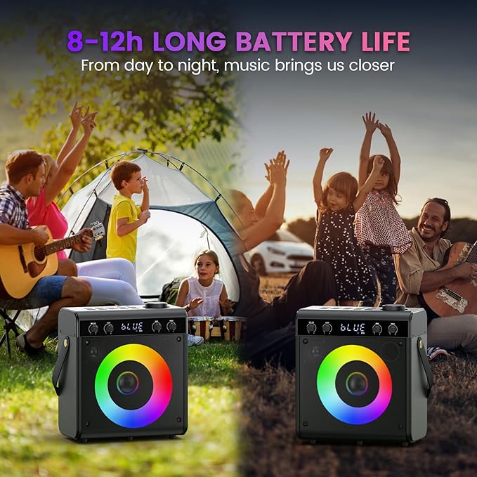 Karaoke Machine, Portable Bluetooth Speaker with 2 Wireless Microphones for Adults & Kids - PA System, LED Lights, Bass/Treble Control, AUX/USB/TF/FM for Home Party Outdoor Singing