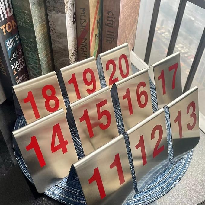 Metal Place Cards Stackable Tent Style Table Numbers,Place Card Holders for TRPG Wedding Party Restaurants Cafes Bars Gatherings Meeting Room Board Games (Red, Large 11-20)