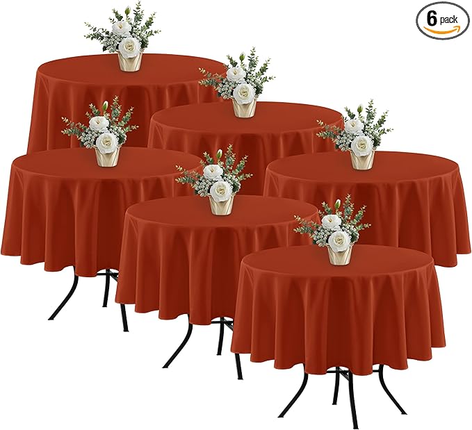 Fitable 6 Pack Rust Round Table Clothes - 70 Inches in Diameter - Stain Resistant and Washable Fall Tablecloths, Polyester Fabric Table Covers for Wedding, Party, Banquet, Gathering