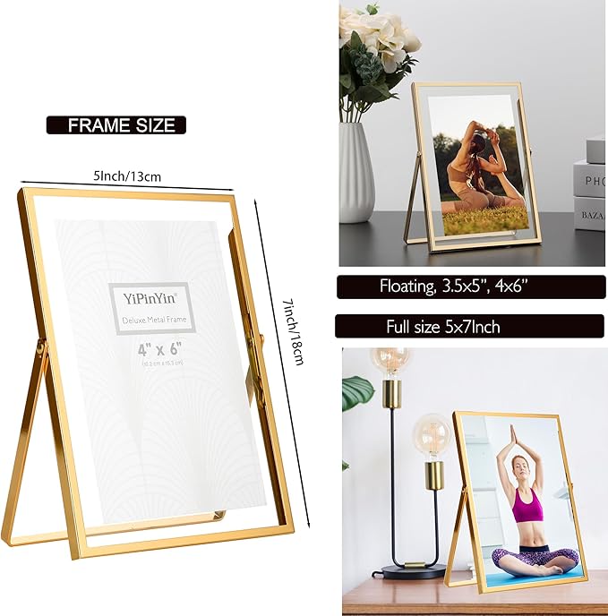 Gold 5x7'' Floating Frame Set of 2, For Photo Sizes 3.5x5'', 4x6'', 5x7'', Luxury Modern Gold Metal Frames for Tabletop/Shelf, Wedding, Birthday, Home or Office Decoration