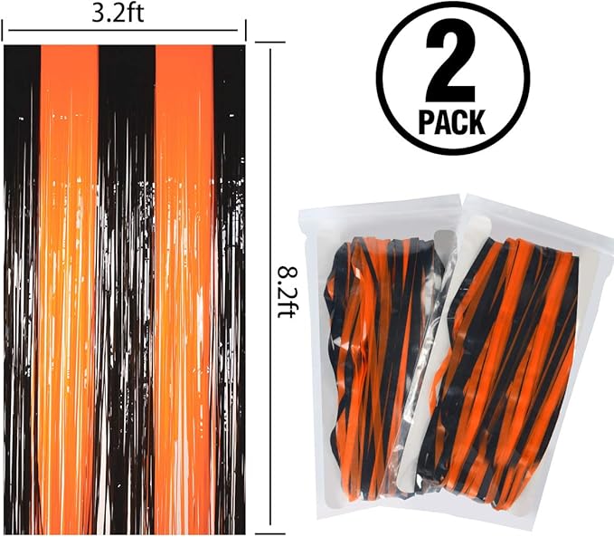 Melsan Halloween Decorations Tinsel Backdrop Foil Fringe Curtains, 3.2 ft x 8.2 ft Black Orange Metallic Foil Curtains for Halloween Party Photo Booth Props Decorations, 2 Pack