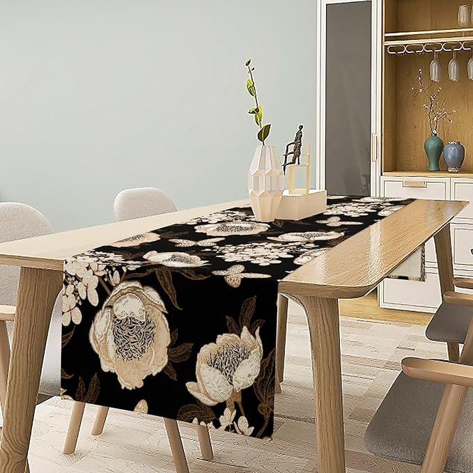 Watercolor Peony Table Runner, Modern Kitchen Dining Room Bohemian Floral Tabletop Decoration for Kitchen Cafe 13x60 Inch