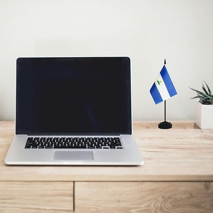 2 Pack Nicaragua Desk Flag Set, Nicaraguan Desktop Small Miniature Table Office Flag with 12" Black Pole and Black Base, Offices, Classroom, Home, Festival Decoration (Nicaragua)