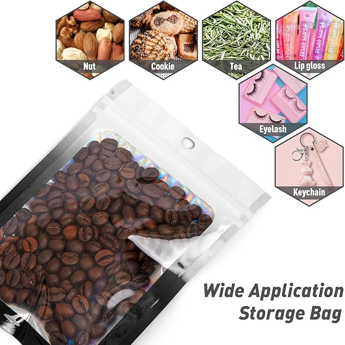 Funfery 100 Pack Gradient Holographic Bags,Mylar Resealable Bags with Zipper,Clear Window Packaging Pouch,Smell Proof Bag for Food Storage,Sample Jewelry Baggies(2.7×3.9in,White Black)