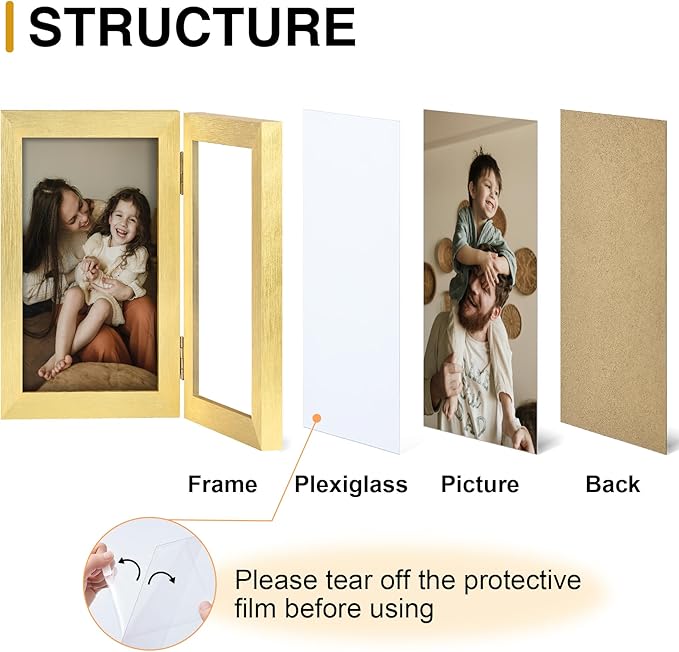 decorUhome Double 4x6 Picture Frame Vertical, Engineered Wood Bifold Photo Frame with Plexiglass for Tabletop Display, 4x6, Gold