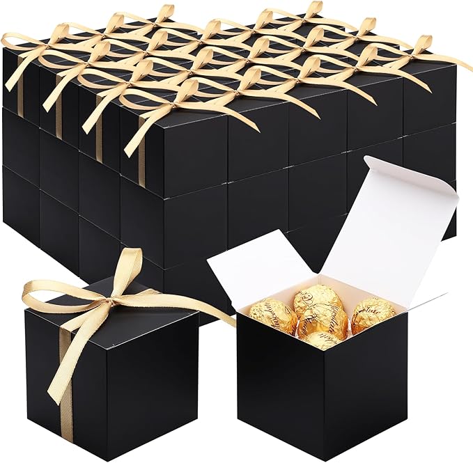 EUSOAR Favor Boxes, 60pcs 3x3x3 Inches Black Candy Gift Box Individual Cookie Box with Gold Ribbon, Mini Bakery Cookies Box Paper Chocolate Containers for Wedding Birthday Party DIY Favors Supplies