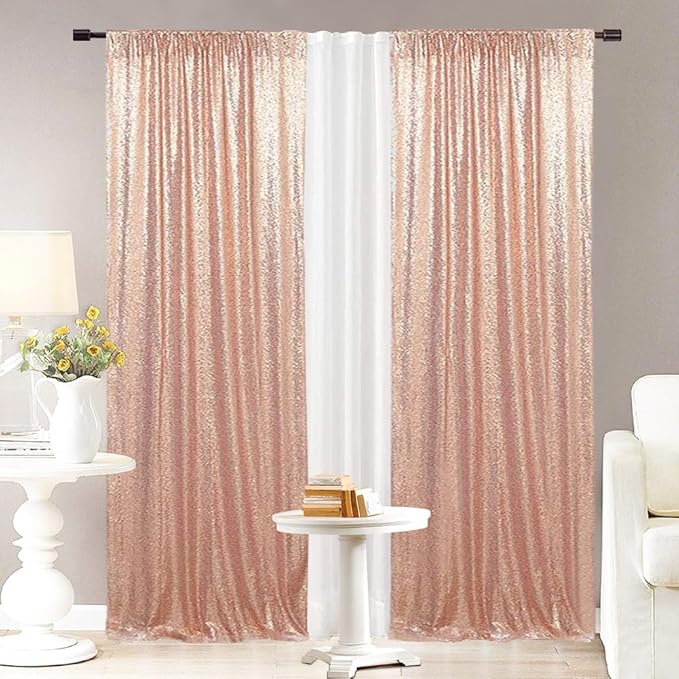 Eternal Beauty Rose Gold Sequin Backdrop Curtains, Valentine's Day Shimmer Back Drop 2Panels-2FTx8FT for Christmas, Party, Birthday, Photography, Wedding, Baby Shower Event Decoration