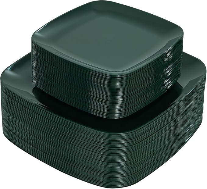 PULOTE 100PCS Green Plastic Plates - Green Square Disposable With Gold Rim - Include 50 Dinner 10inch, 50 Dessert 7.25inch Plates for Party&Christmas